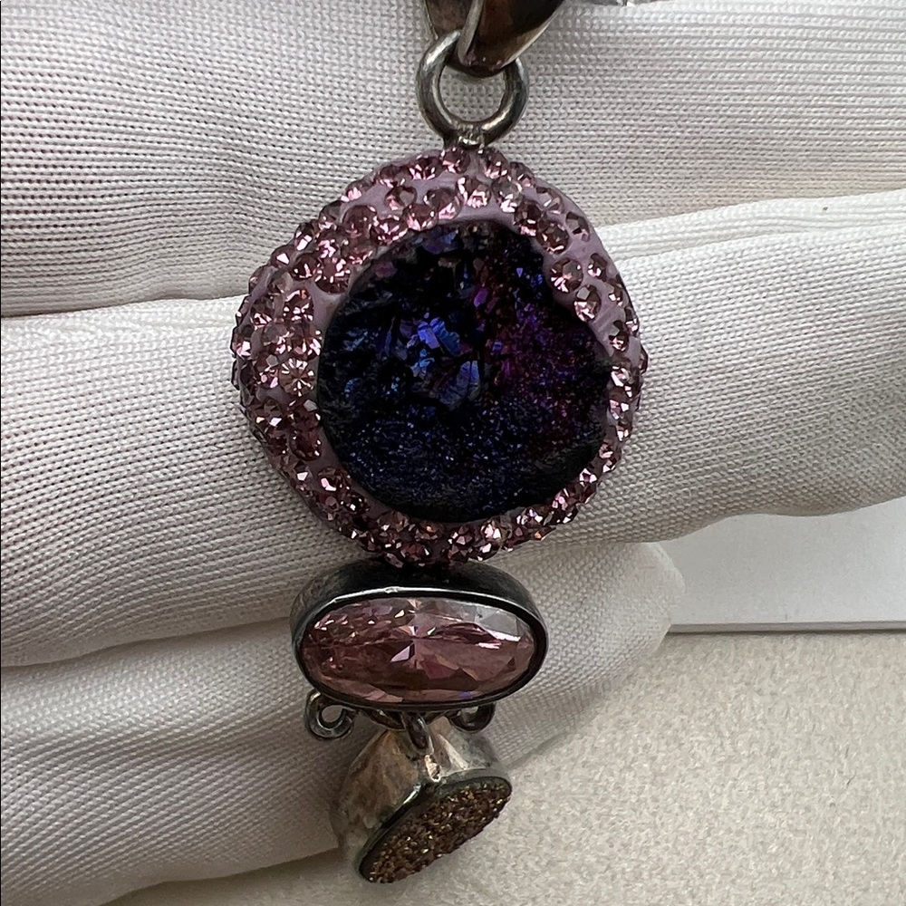 Elegant Drusy, Titanium & Rose Quartz Iridescent Crystal Mesh Tube Necklace NIB - Picture 13 of 17